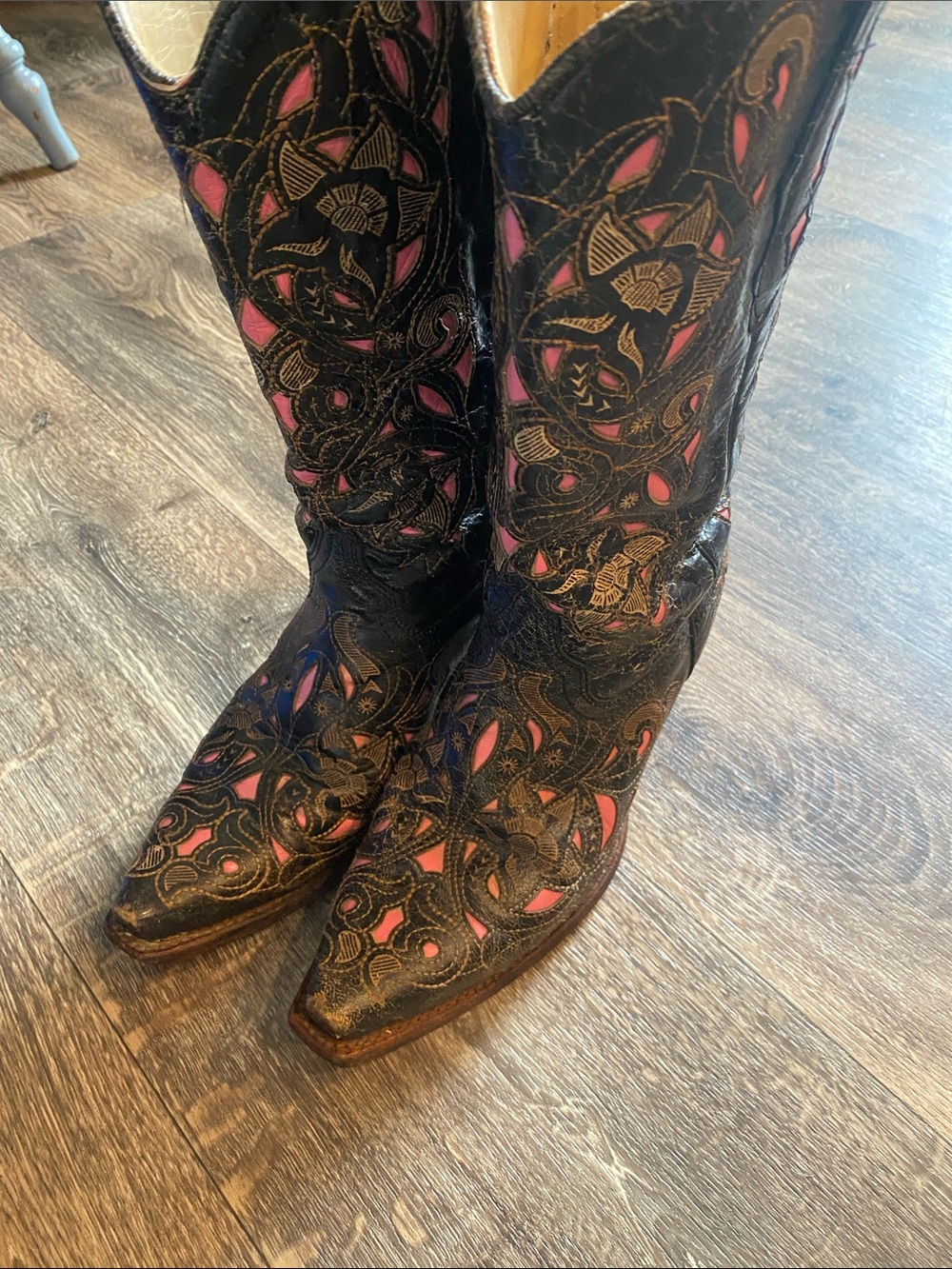 Women's Black Leather Cowboy Boots with Pink Embroidered Insets - Picture 12 of 16